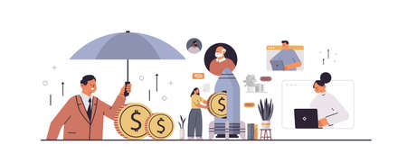 businesspeople investing dollar coins in space rocket cash protection financial savings insurance...