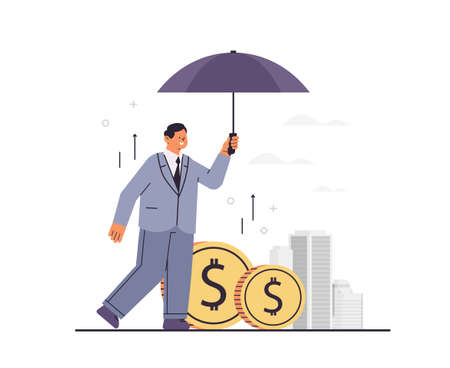 businessman holding umbrella over dollar coins financial safety investment protection conceptのイラスト素材