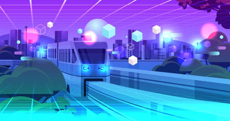 neon town with skyscrapers and monorail train on bridge view through VR glasses metaverse virtual...