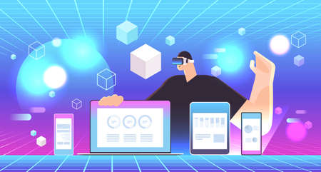 businessman in vr glasses analyzing financial statistics charts and graphs on digital gadgets...