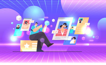 businesspeople in vr glasses discussing during video call virtual reality vision headset innovation metaverse conceptのイラスト素材