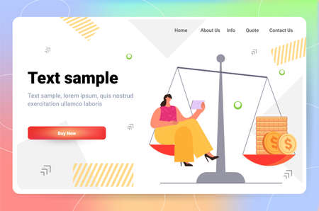 businesswoman vs money coins on scales business equality competition concept horizontal copy spaceのイラスト素材