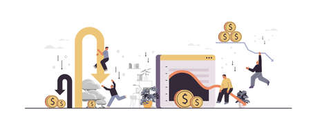 set businesspeople near downward arrows recession financial crisis bankruptcy conceptのイラスト素材