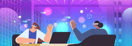 businesswomen couple wearing digital glasses discussing during virtual meeting in office vr vision...