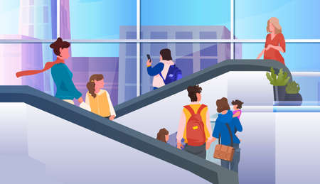 People passengers moving escalator staircase at airport hall departure terminal interiorのイラスト素材