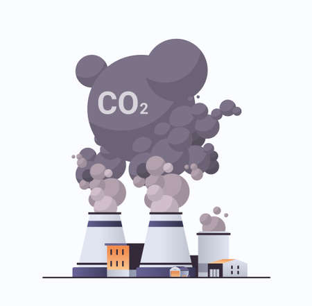 high concrete chimney emits CO2 and dangerous fumes presence of carbon dioxide gas in atmosphereのイラスト素材