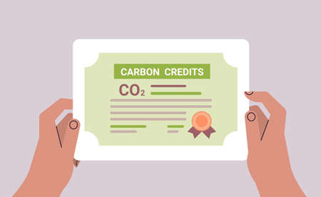 human hand CO2 limit emissions certificate net zero emission carbon credit offset conceptのイラスト素材