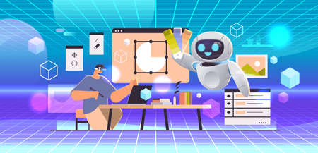 robot and designer in virtual reality glasses drawing with pen in graphic editor vr vision headset...
