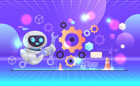 robot with wrench rotating gear wheel technology and development artificial intelligence technology metaverseのイラスト素材