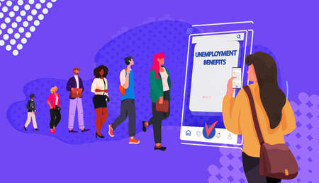 jobless men women dismissal unemployment job search unemployment benefits concept horizontalのイラスト素材