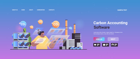 carbon accounting software concept businesswoman analyzing statistic data graphs responsibility of co2 emissionのイラスト素材