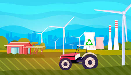 tractor on field with wind turbines energy renewable station waste free world clean power carbon credit conceptのイラスト素材