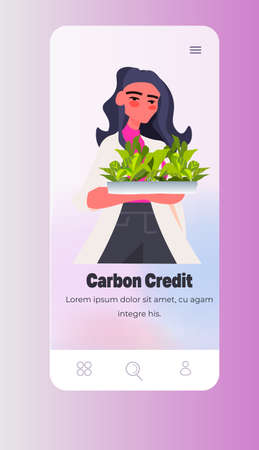carbon credit concept woman holding green plants responsibility of co2 emission environmental conservationのイラスト素材
