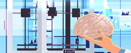 researcher hand holding brain model printed on 3d bio printer medical printing of human...