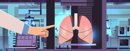 researcher hand pointing lungs model printed on 3d bio printer medical printing of human...