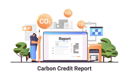 businesswoman making carbon credit report on laptop screen responsibility of co2 emission environment strategyのイラスト素材