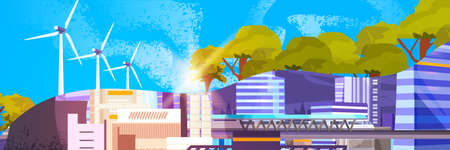 Wind turbines energy renewable station in city waste free world decarbonize your power concept