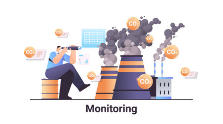 carbon credit monitoring concept businessman looking through binokular responsibility of co2 emission environment strategyのイラスト素材