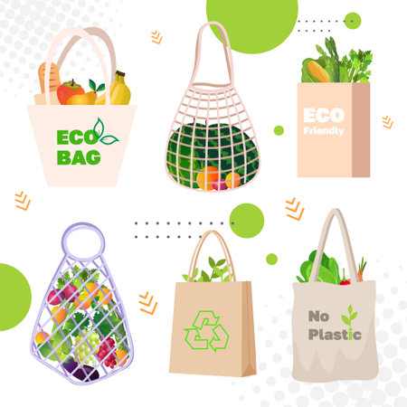 set eco friendly natural bags with organic fruits and vegetables sustainable lifestyle package free food shoppingのイラスト素材