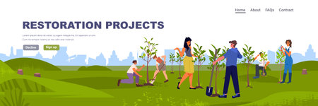 people planting trees in park restoration project CO2 limit emissions idea net zero emission carbon creditのイラスト素材