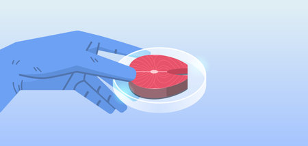 scientist hand holding cultured red raw fish meat made from animal cells artificial lab grown meat productionのイラスト素材