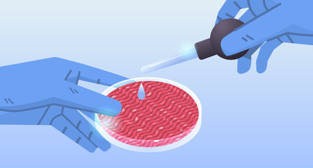 petri dish with beef steak cultured raw red meat made from animal cells artificial lab grown meat production conceptのイラスト素材