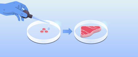 petri dish with beef steak cultured raw red meat made from animal cells artificial lab grown meat production conceptのイラスト素材