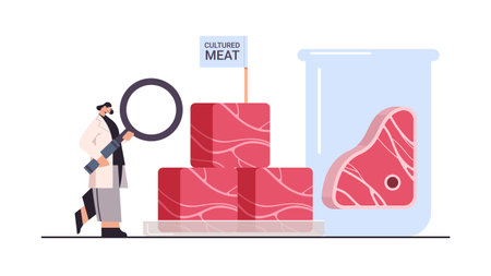 scientist analyzing cultured red raw meat made from animal cells artificial lab grown meat production conceptのイラスト素材