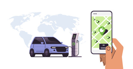 human hand charging electric car in mobile app battery vehicle at recharging power station charger EV management zero emissionのイラスト素材