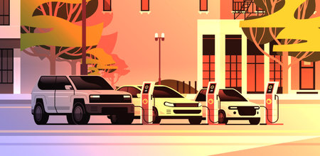 electric transport charging battery vehicles at recharging power station charger EV management sustainable transportのイラスト素材