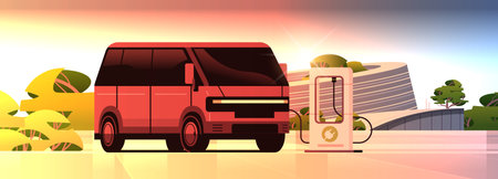 electric bus charging battery vehicle at recharging power station charger EV management zero emission transport conceptのイラスト素材