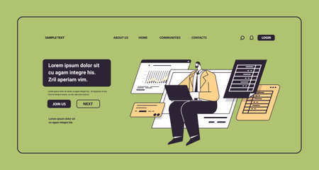 businessman analyzing data on laptop business analyst making analytics report working process conceptのイラスト素材