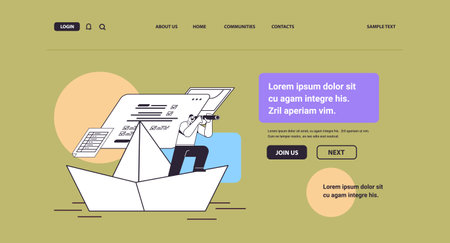 businessman with binoculars floating on paper boat looking for successful future leadership startup strategy planning conceptのイラスト素材