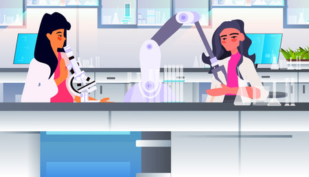 scientists using microscope and robotic hand at workplace cultured meat made from animal cells artificial lab grown meat productionのイラスト素材