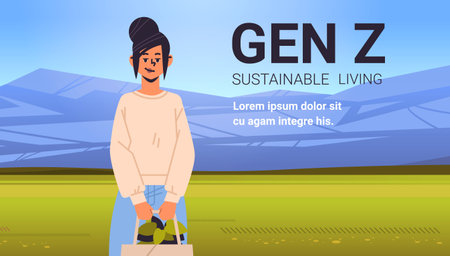 young girl holding potted plant generation Z lifestyle concept new modern demography trend with progressive youth genのイラスト素材