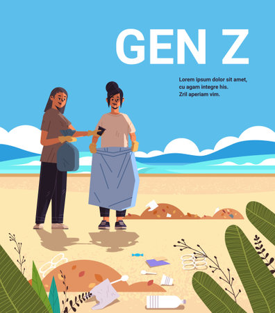women collecting trash into bag beach cleanup generation Z lifestyle concept new demography trend with progressive youth genのイラスト素材