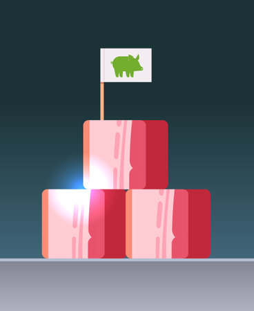 cultured raw red meat bacon with label made from pig animal cells artificial lab grown meat production conceptのイラスト素材