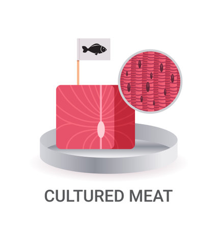 cultured raw red meat with label made from fish cells artificial lab grown meat production conceptのイラスト素材