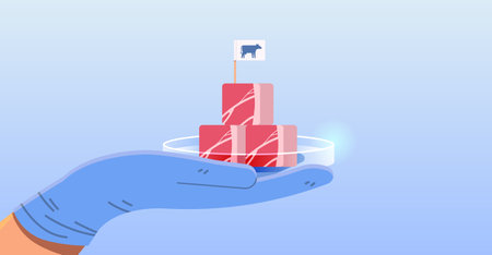 scientist hand holding cultured red raw meat made from animal cells artificial lab grown meat production conceptのイラスト素材