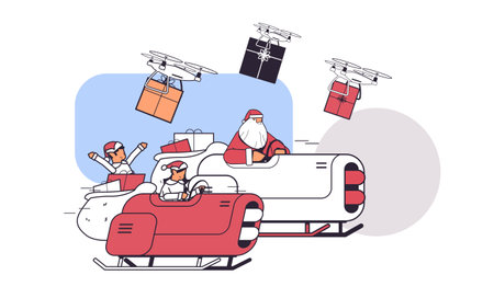 elves with santa claus driving sleigh car with gifts merry christmas happy new year winter holidays celebrationのイラスト素材