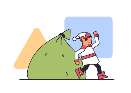 elf with full of gifts sack santa helper preparing for new year and christmas holidays celebration horizontalのイラスト素材