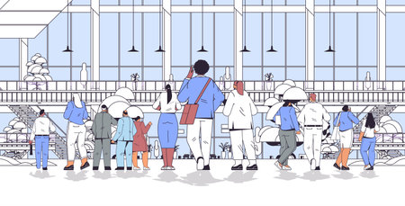 mix race businesspeople team standing back to camera rear view of people group modern business center interiorのイラスト素材