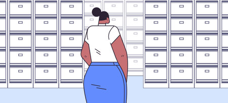 businesswoman standing back to camera rear view of elegant business woman in file cabinet office interiorのイラスト素材