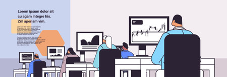 mix race traders stock market brokers analyzing charts or making presentation on computer monitors at workplace horizontalのイラスト素材