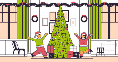 little children in santa hats happy to found gifts near fir tree new year christmas holidays celebration conceptのイラスト素材
