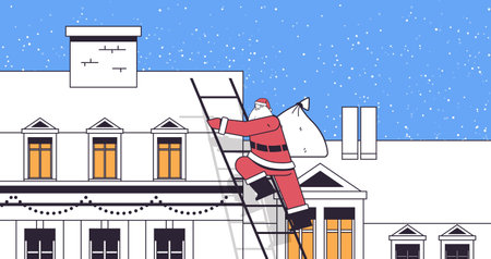 santa claus climbing on roof happy new year merry christmas holiday celebration concept horizontal linearのイラスト素材