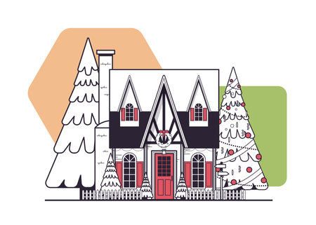 snow covered decorated house winter season home building with decorations for new year and christmas celebrationのイラスト素材