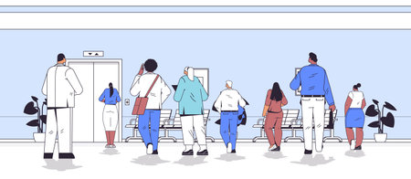 businesspeople standing back to camera rear view of business people group waiting elevator in office corridorのイラスト素材