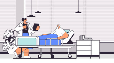 nurse taking care of sick senior man patient lying in hospital bed care service concept clinic ward interior horizontalのイラスト素材