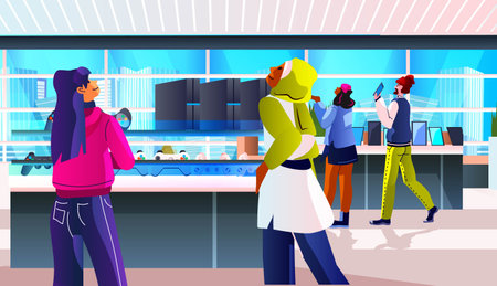 people consumers in electronics store choosing video game console gaming controller big sale shopping conceptのイラスト素材